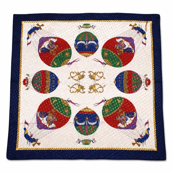 Women's Square Satin Scarf Head Neck Shoulder Tie Hot Air Balloons Blue Red Gold - Picture 2 of 5